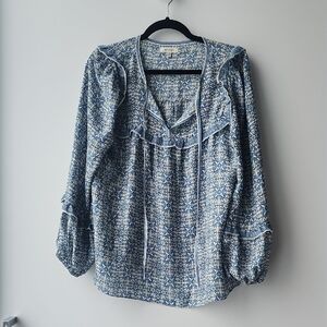 Max Studio Art Deco Mediterranean Oversized Ruffle Patterned Tie Blouse